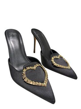 Aminah Muaddi Heart Heel Mule Black Pointed Toe Shoes Size 7.5M